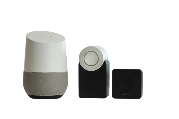 Smart home speaker and two compact smart access devices placed side by side on a white background