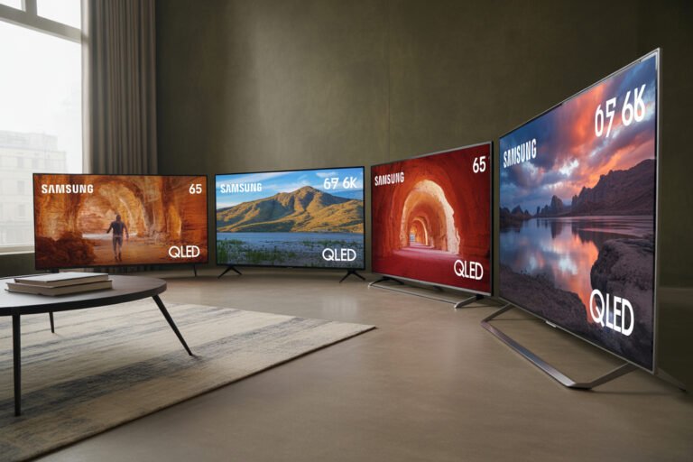 Five Samsung 65 inch 4K Smart TVs displayed side by side showing OLED and QLED technology differences with vibrant screen content