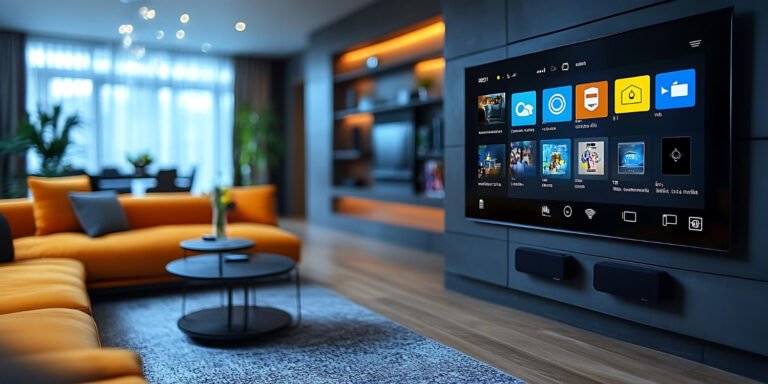 Modern living room with large smart TV displaying streaming interface options including Google TV, Roku, and Samsung Tizen operating system home screens