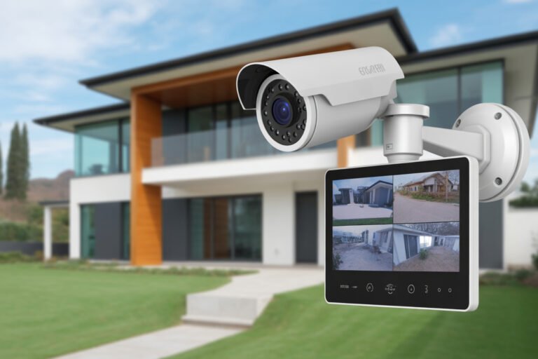 Best Professional Home Security System ,Professional home security camera system mounted on modern house exterior with monitoring display showing multiple camera feeds