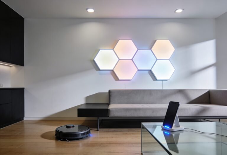 A modern living room filled with smart home gadgets including a robot vacuum, smart light panels, and a wireless charging stand showcasing a fully upgraded smart home setup.
