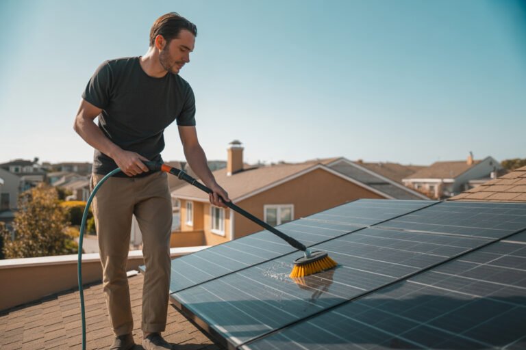 Homeowner cleaning residential solar panels on roof with soft brush and water hose to maximize energy efficiency