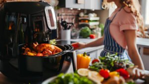 Person cooking vegetables in an air fryer basket on a kitchen counter