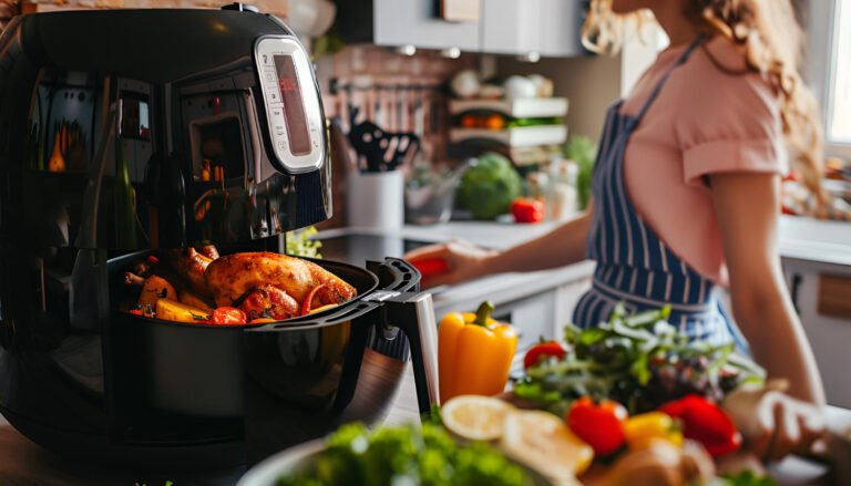 Person cooking vegetables in an air fryer basket on a kitchen counter