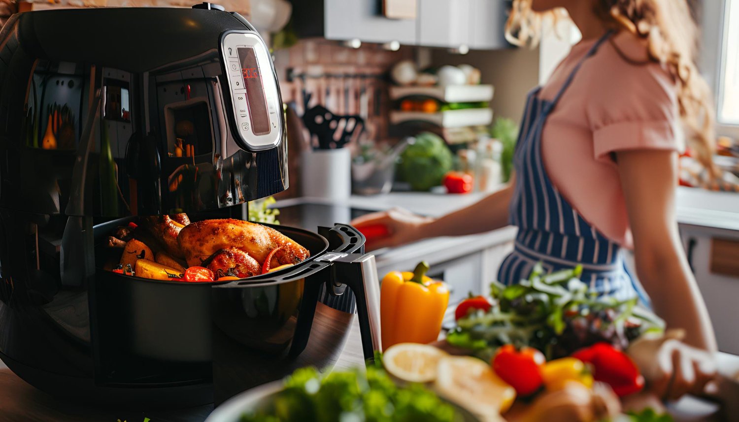 Person cooking vegetables in an air fryer basket on a kitchen counter