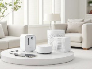 Best home gadgets arranged in a clean living space with charging devices, smart lighting, cleaning tech, and kitchen tools