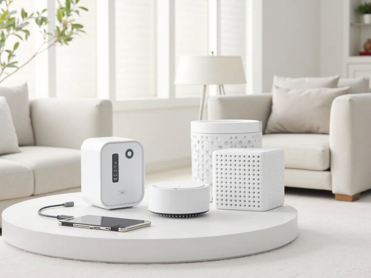 Best home gadgets arranged in a clean living space with charging devices, smart lighting, cleaning tech, and kitchen tools
