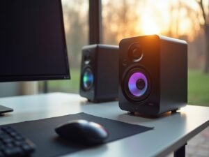 Best desktop computer speakers arranged on a clean desk setup beside a monitor for music, work, and gaming