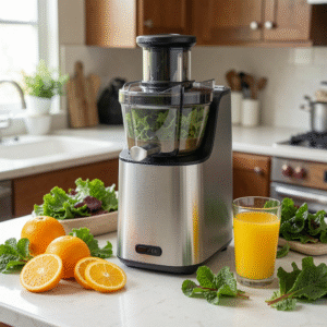 Best cold press juicer for home use displayed with apples, celery, carrots, and fresh juice