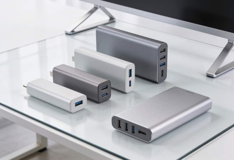 A selection of portable power banks on a desk, showing different sizes and ports, ready for all‑day phone and device charging.