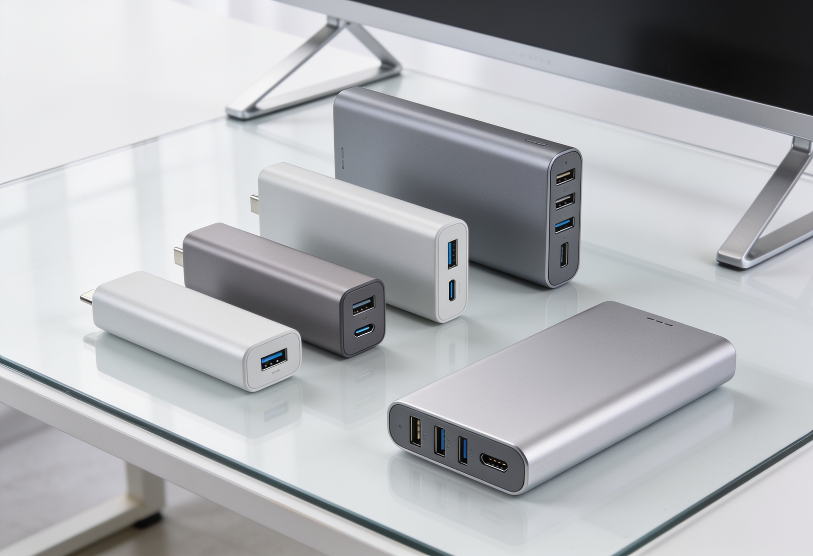 A selection of portable power banks on a desk, showing different sizes and ports, ready for all‑day phone and device charging.
