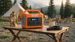 Compact Jackery Explorer 300 Portable Power Station on a table, showing AC outlets, USB ports, and display, ready for camping or blackout backup