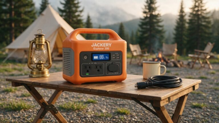 Compact Jackery Explorer 300 Portable Power Station on a table, showing AC outlets, USB ports, and display, ready for camping or blackout backup