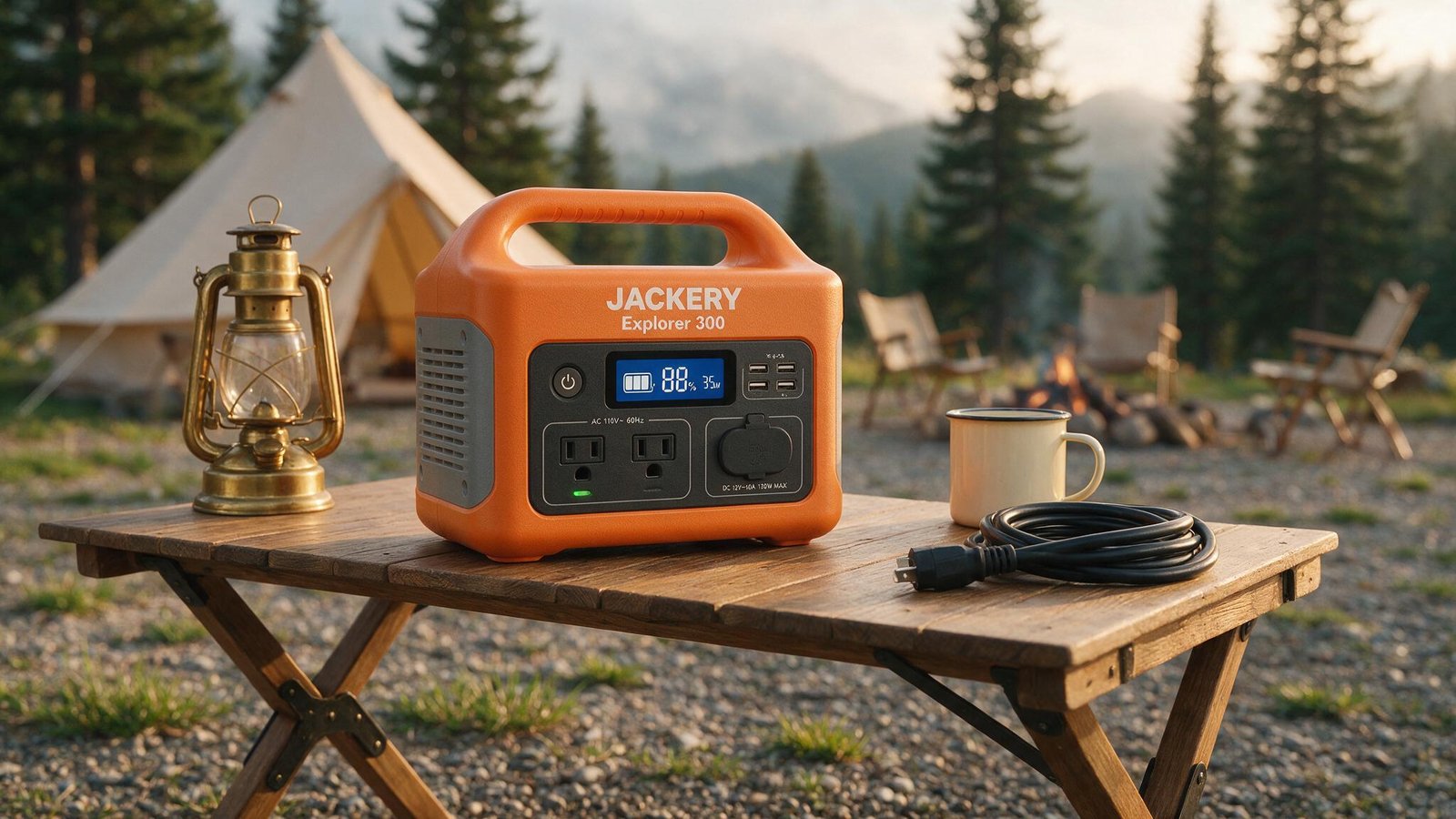 Compact Jackery Explorer 300 Portable Power Station on a table, showing AC outlets, USB ports, and display, ready for camping or blackout backup