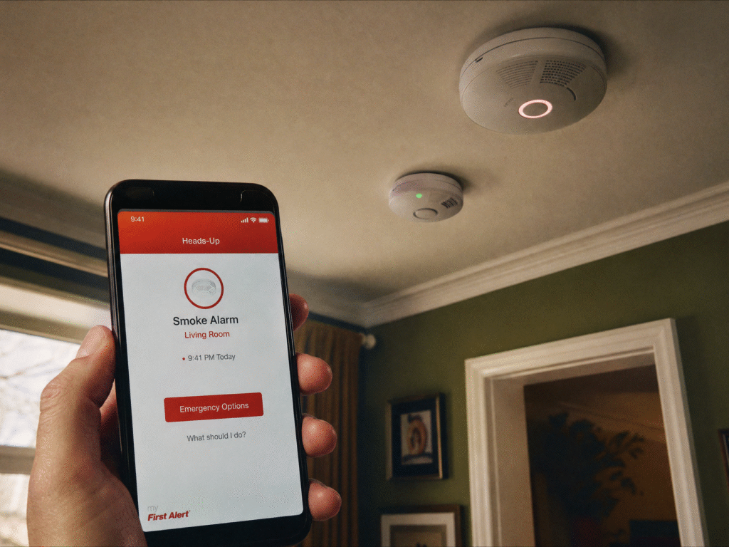 First Alert smart smoke alarm with a phone app alert for the living room — smart smoke & carbon monoxide detectors