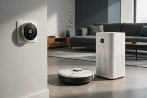 Best home gadgets for homeowners, including a smart thermostat, robot vacuum, and air purifier in a modern living room.