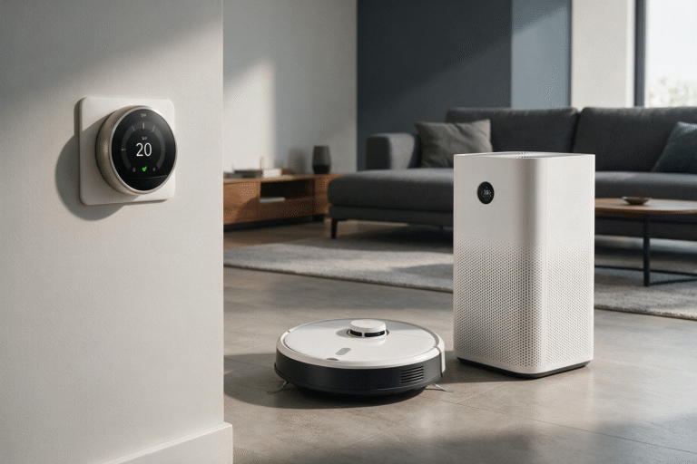 Best home gadgets for homeowners, including a smart thermostat, robot vacuum, and air purifier in a modern living room.