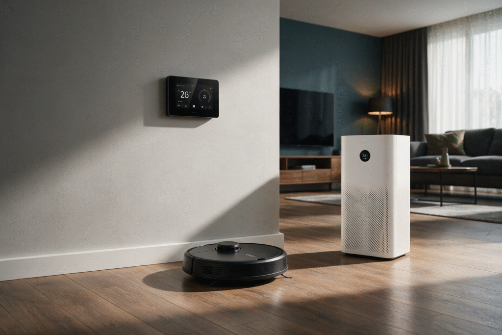 Best home gadgets for homeowners, including a smart thermostat, robot vacuum, and air purifier in a modern living room.