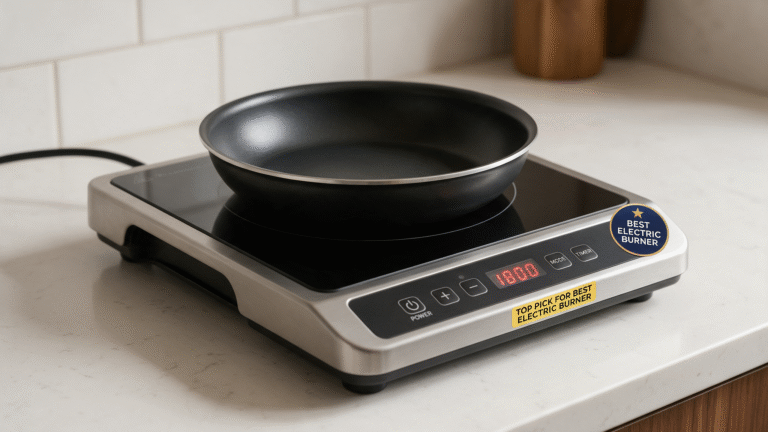 Portable induction cooktop with a pan on a kitchen counter, a top pick for the best electric burner for cooking