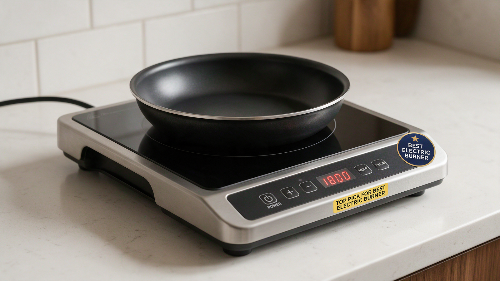 Portable induction cooktop with a pan on a kitchen counter, a top pick for the best electric burner for cooking